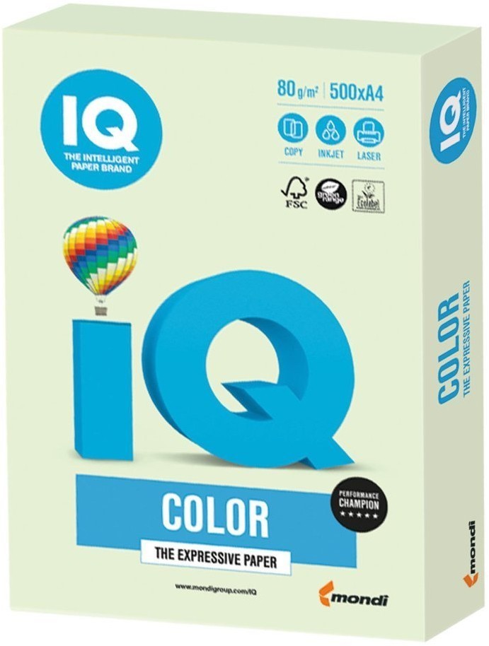 Бумага цветная для принтера IQ Color А4, 80 г/м2, 500 листов, светло-зеленая, GN27 (65396)