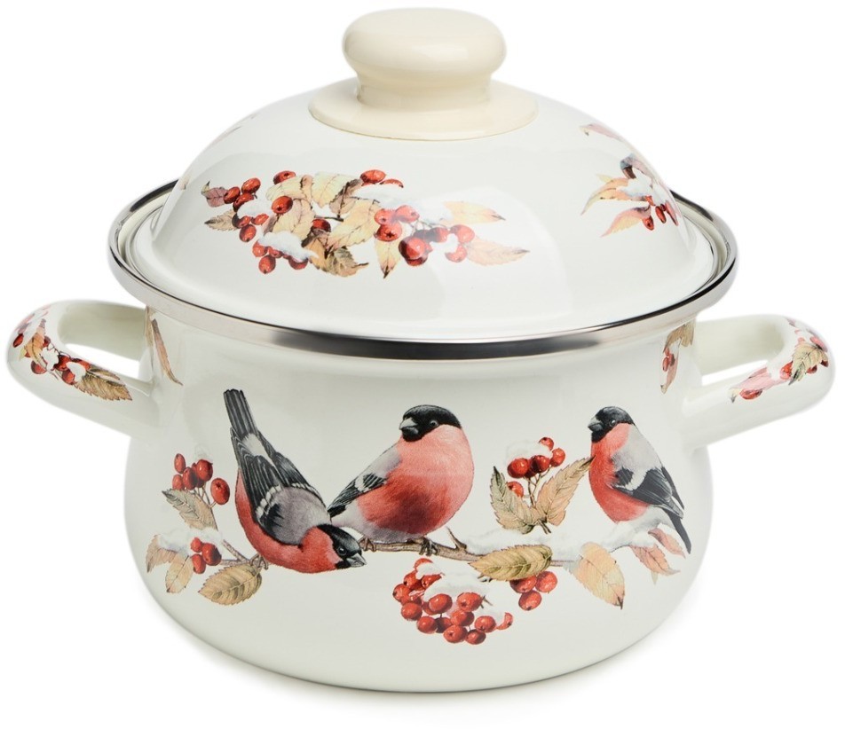Кастрюля agness эмалированная с эмал.крышкой серия "снегири", 1.5 л, 16*10 см (934-745)
