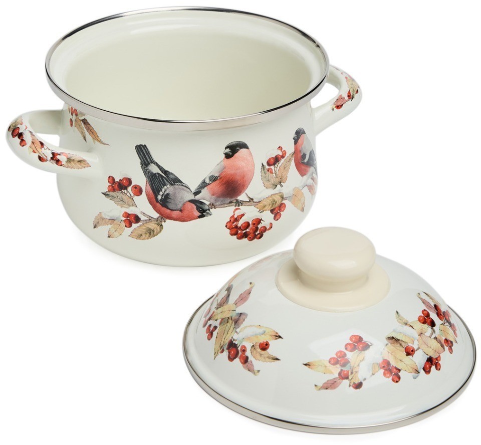 Кастрюля agness эмалированная с эмал.крышкой серия "снегири", 1.5 л, 16*10 см (934-745)