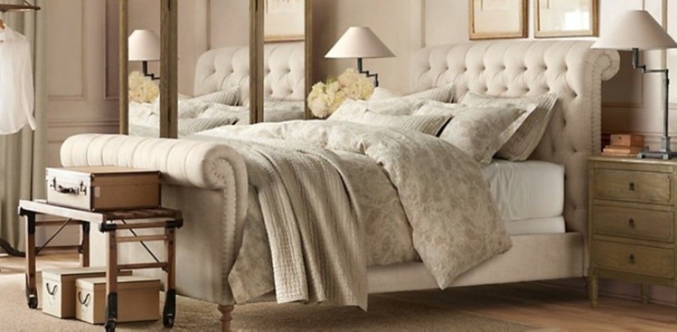 Кровать Тафтид VT10943-01-02, каркас массив дуба, обивка лен, Cream, RESTORATION HARDWARE