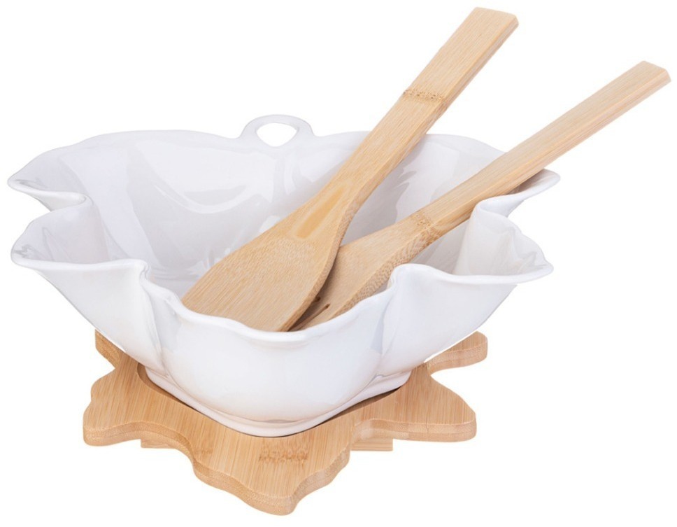 Салатник lefard "native" 24 см с ложкой и вилкой на дерев. подставке (587-186)