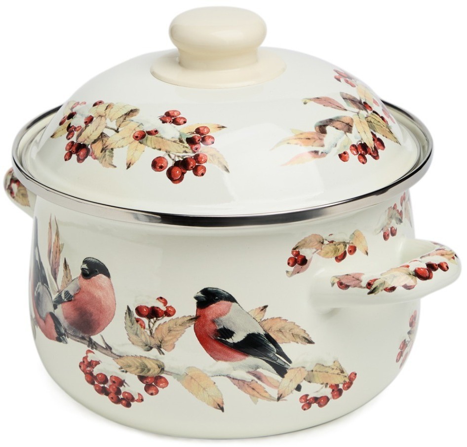 Кастрюля agness эмалированная с эмал.крышкой серия "снегири", 2.0 л, 18*11 см (934-746)