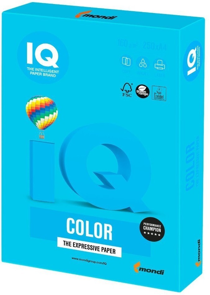 Бумага цветная для принтера IQ Color А4, 160 г/м2, 250 листов, светло-синяя, AB48 (65403)