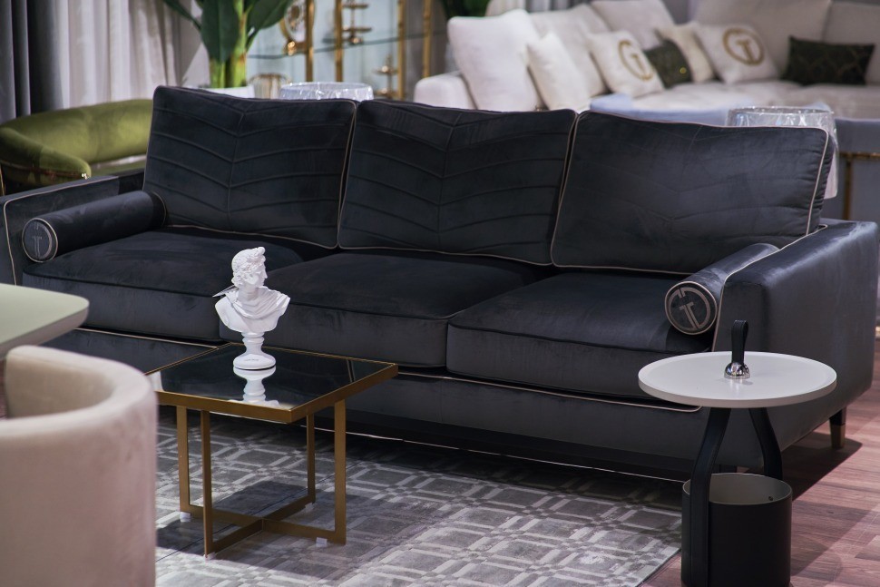 Диван Madrid Memory с кантом трехм. без мех.,велюр серый Riv96 (TT-00006836)