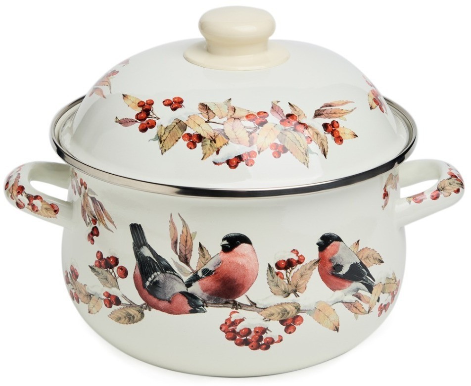 Кастрюля agness эмалированная с эмал.крышкой серия "снегири", 2.8 л, 20*12 см (934-747)