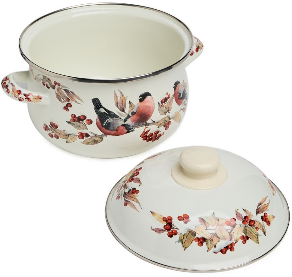Кастрюля agness эмалированная с эмал.крышкой серия "снегири", 2.8 л, 20*12 см (934-747)