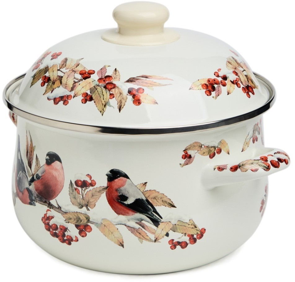 Кастрюля agness эмалированная с эмал.крышкой серия "снегири", 2.8 л, 20*12 см (934-747)