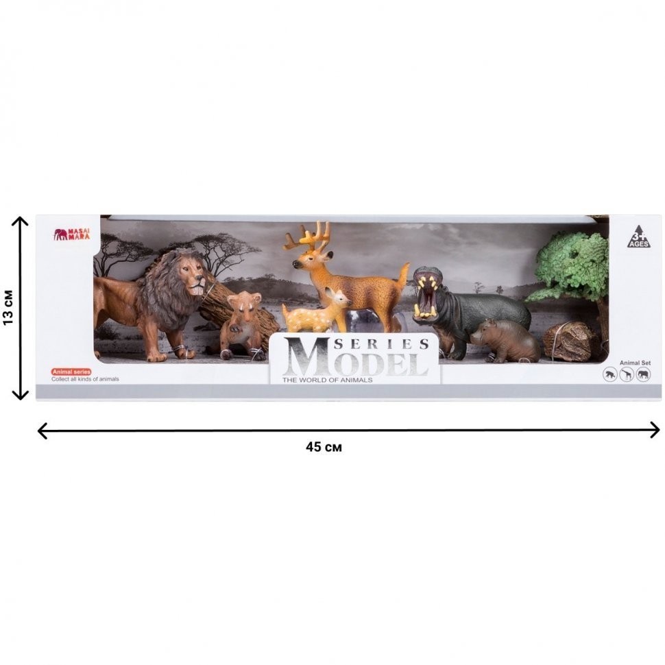 Набор фигурок животных серии "Мир диких животных": Лев с львенком, бегемот с бегемотиком, олень с олененком (набор из 6 фигурок животных и 3 аксессуар (MM201-012)