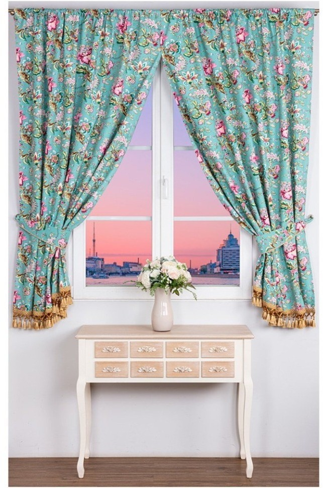 Штора кухонная  из 2шт "райский сад" 140х180см 100% х/б,бирюза SANTALINO (850-818-14)