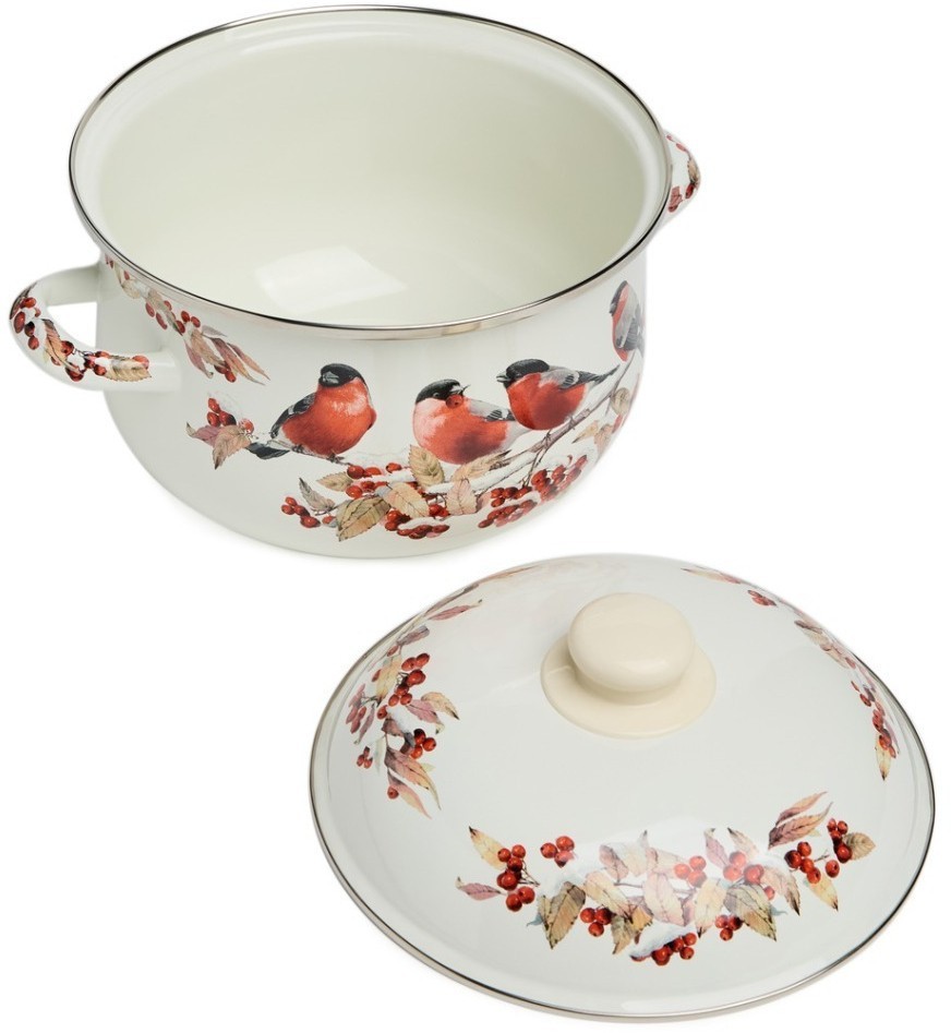 Кастрюля agness эмалированная с эмал.крышкой серия "снегири", 3.6 л, 22*13 см (934-748)
