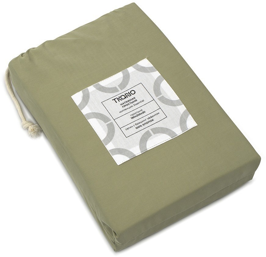 Простыня на резинке из сатина цвета шалфея с брашинг-эффектом из коллекции essential, 180х200х30 см (76107)