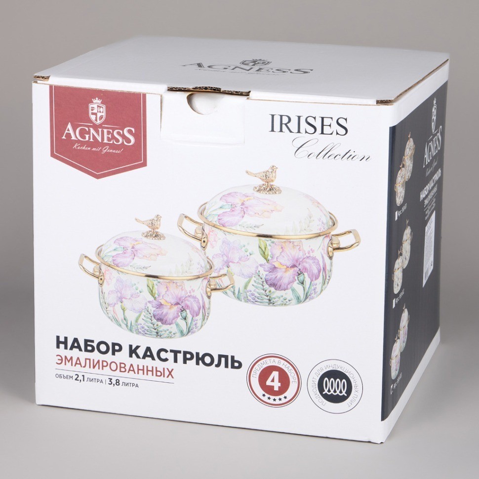 Набор кастрюль agness эмалированных серия "irises", 4пр. 2,1л и 3,8л (950-603)