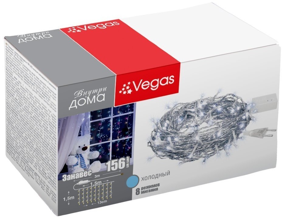 Светодиодная гирлянда для дома (холодный свет) Vegas Занавес 156 LED 12 нитей 1,5х1,5 м, 220V 55078 (69151)