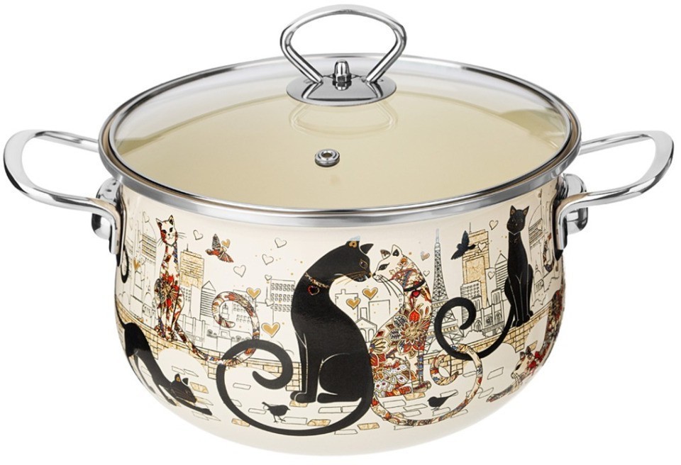 Кастрюля эмалированная agness со стеклянной крышкой серия "парижские коты", 3.6 л, 22*13 см (915-153)