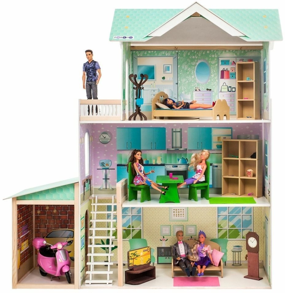 Деревянный кукольный домик "Жозефина Гранд", с мебелью 11 предметов в наборе и с гаражом, для кукол 30 см (PD318-13)