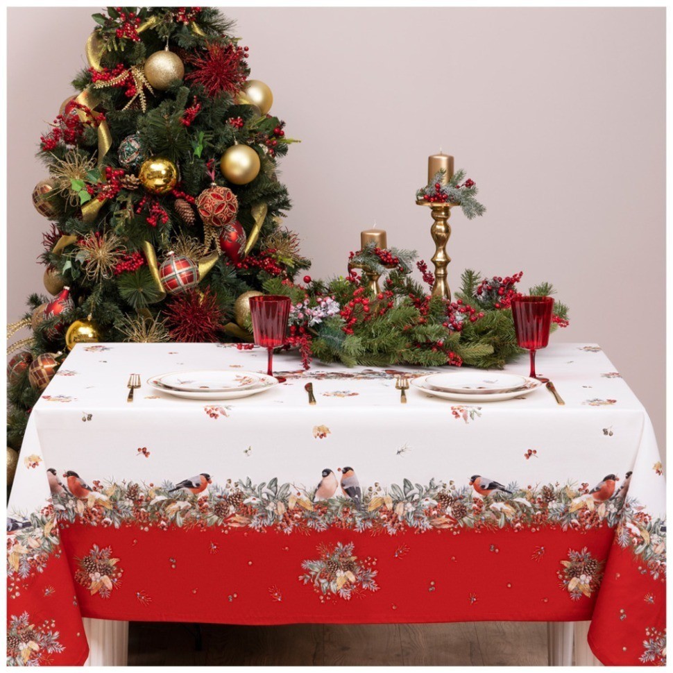Скатерть "морозко.снегири" 160х220см ,красный, 100% хлопок,твил пропитка Lefard (850-745-21)