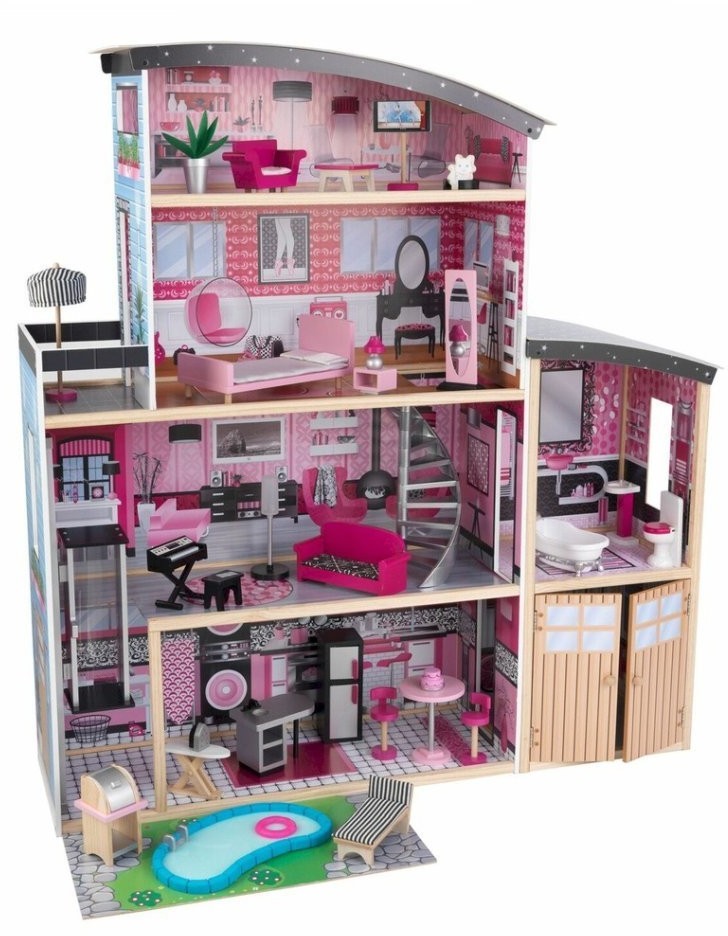 Деревянный кукольный домик "Сияние", с мебелью 30 предметов в наборе, гаражом, бассейном, для кукол 30 см (65826_KE)