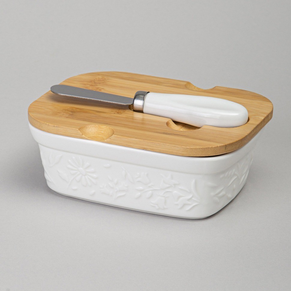 Масленка lefard "flowers story" с дер. крышкой, ножом для масла 15*11*6 см 330 мл (474-256)