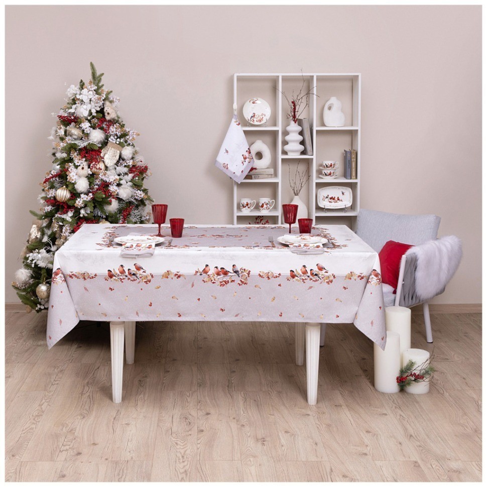 Скатерть"лесная сказка .снегири" 160х220см серый,100%хлопок, твил с пропиткой Lefard (850-744-21)