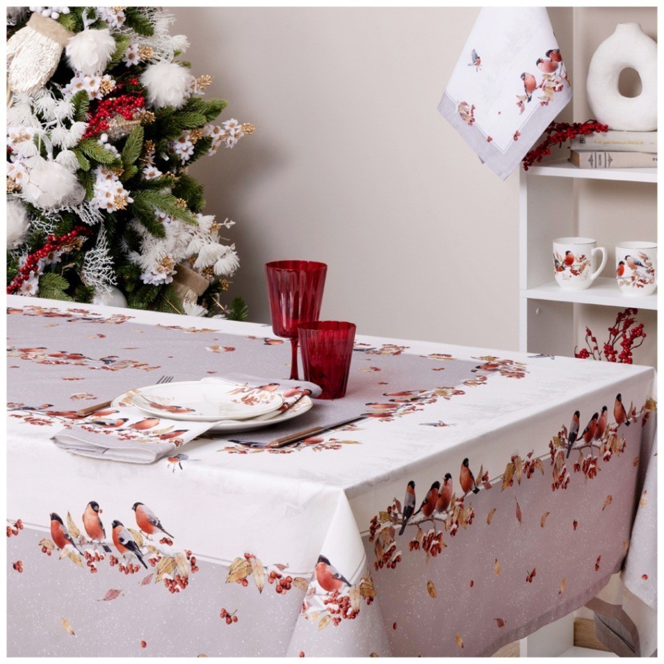 Скатерть"лесная сказка .снегири" 160х220см серый,100%хлопок, твил с пропиткой Lefard (850-744-21)