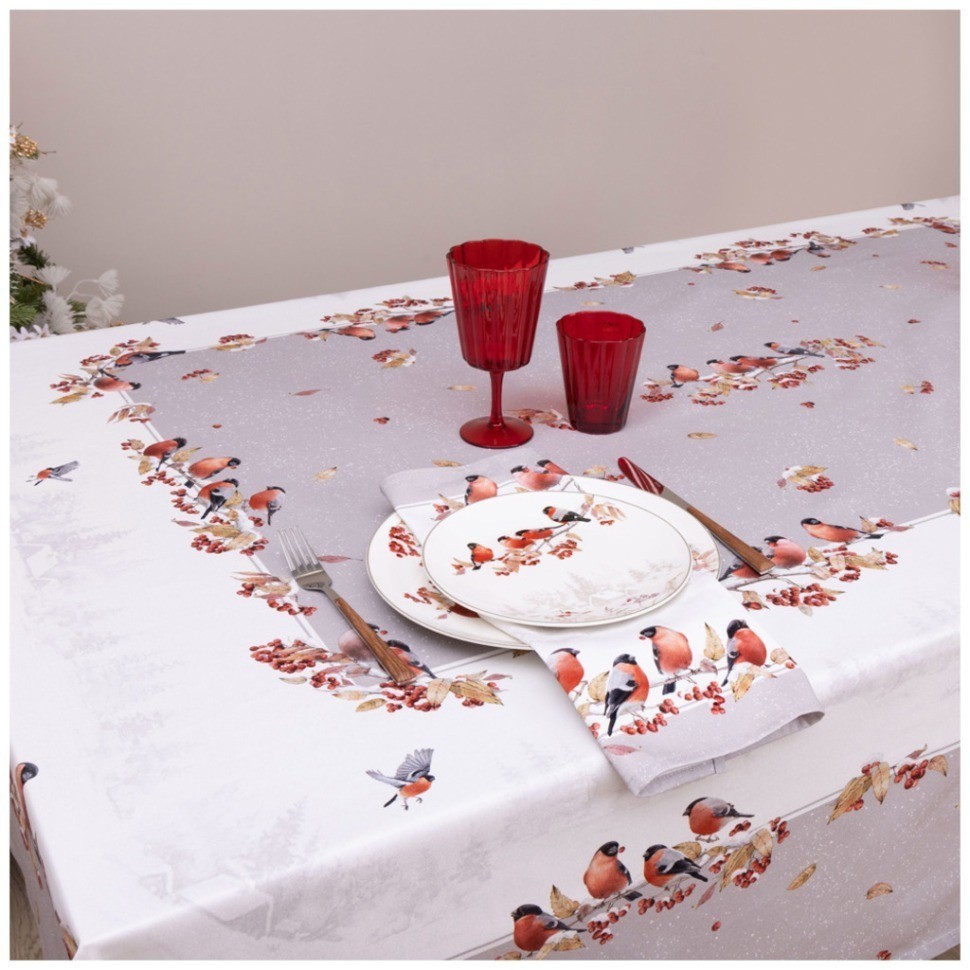 Скатерть"лесная сказка .снегири" 160х220см серый,100%хлопок, твил с пропиткой Lefard (850-744-21)