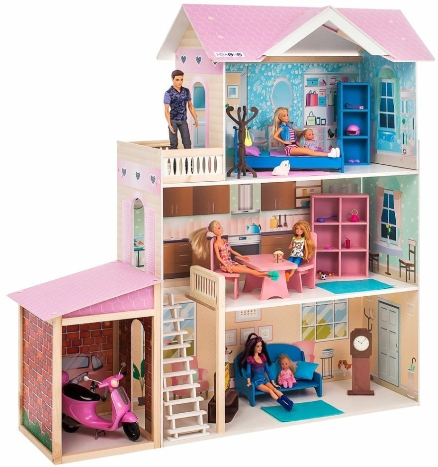 Деревянный кукольный домик "Розали Гранд", с мебелью 11 предметов в наборе и с гаражом, для кукол 30 см (PD318-11)