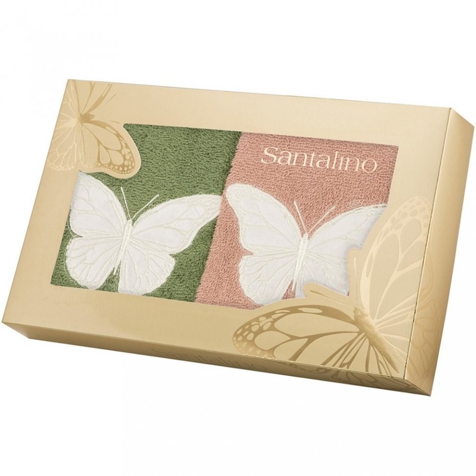 Набор полотенец из 2х шт "бархатница",50х30см,35х35см, махра,зелёный+беж,100% х\б SANTALINO (850-331-69)