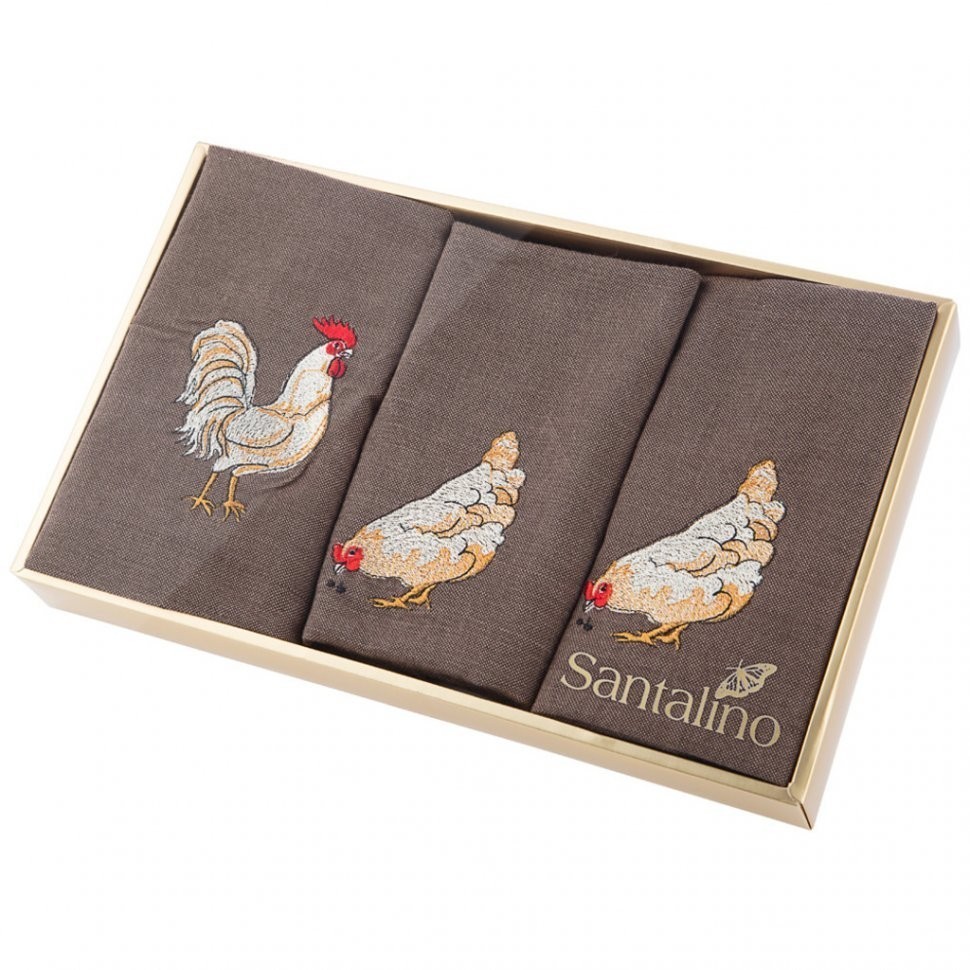 Комплект салфеток 40х40см из 3-шт"куриная семейка" 100% х/б, вышивка, коричневый SANTALINO (850-533-44)