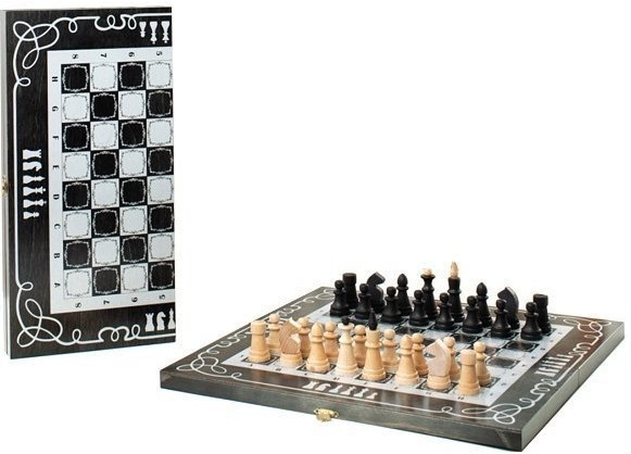 Шахматы обиходные деревянные "Объедовские" с малой деревянной черной доской, рисунок серебро "Орнаме (46165)