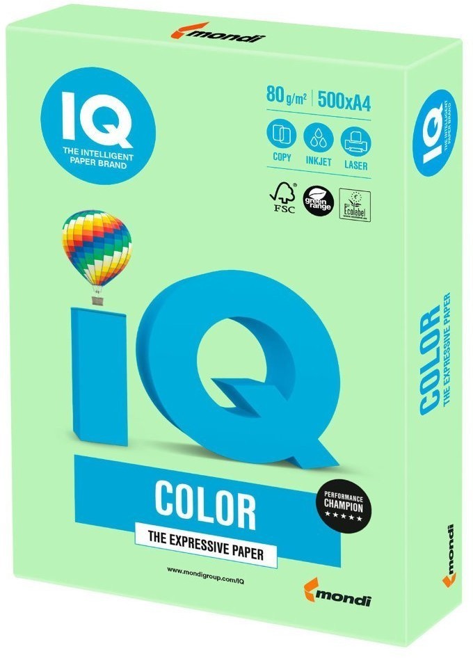 Бумага цветная для принтера IQ Сolor А4, 80 г/м2, 500 листов, зеленая, MG28 (72874)