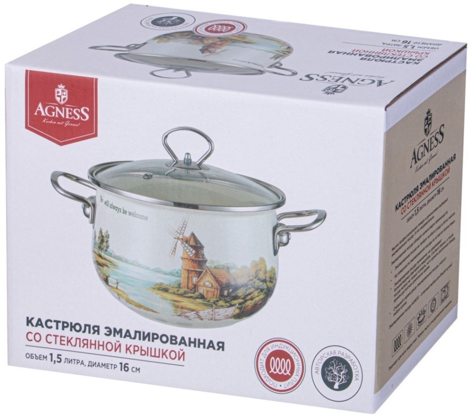 Кастрюля agness эмалированная со стеклянной крышкой серия "family house", 1,5 л диа.16см (943-065)