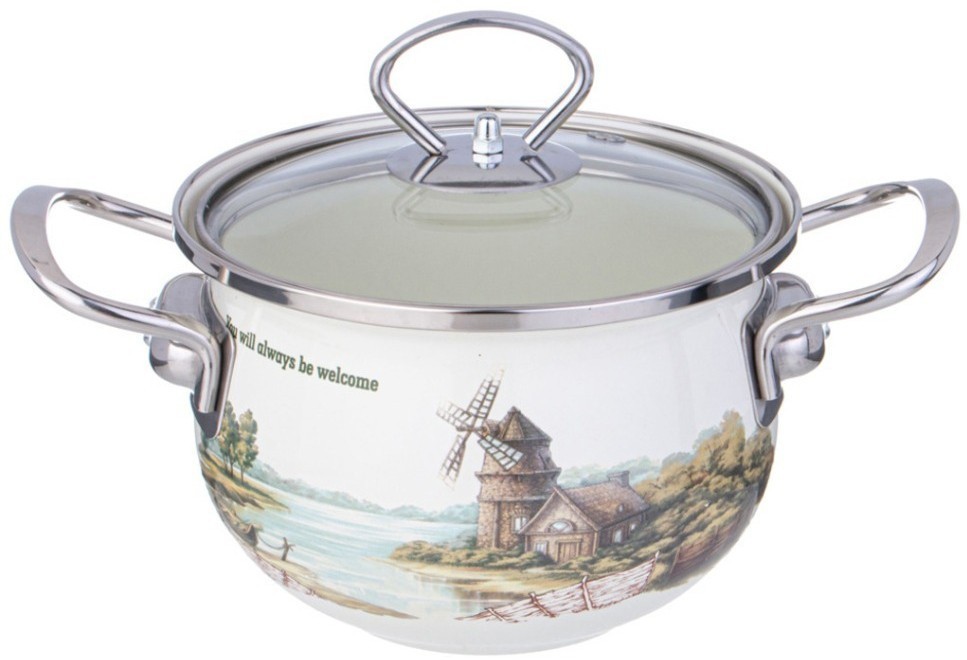 Кастрюля agness эмалированная со стеклянной крышкой серия "family house", 1,5 л диа.16см (943-065)