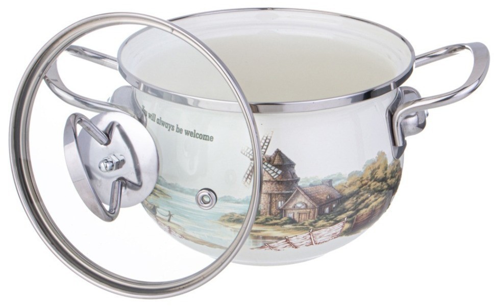 Кастрюля agness эмалированная со стеклянной крышкой серия "family house", 1,5 л диа.16см (943-065)