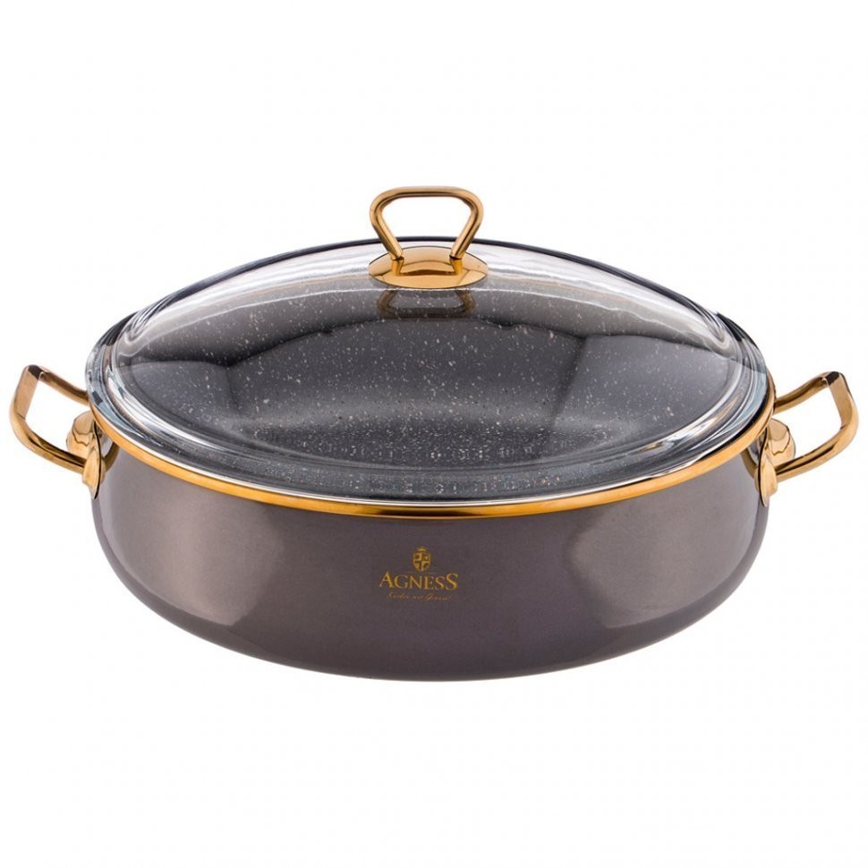 Сотейник agness эмалированный со стекл. крышкой и антипригар. "мраморным" покрытием, 28см / 4,5л Agness (950-225)