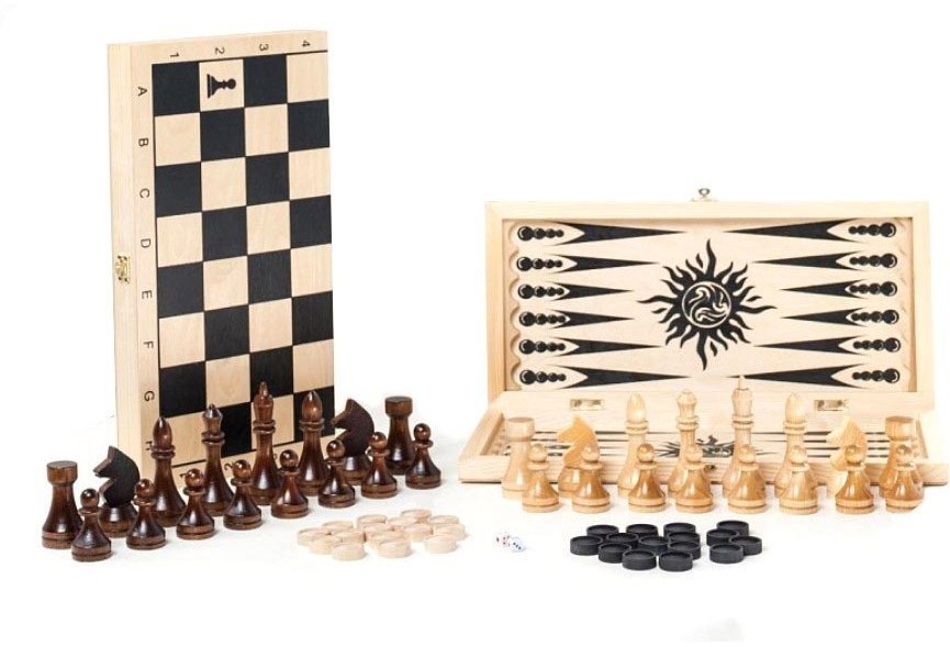 Игра 3в1 малая с гроссмейстерскими деревянными шахматами (нарды, шахматы, шашки) "Классика" (400*200 (46246)