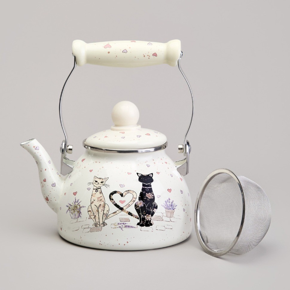 Чайник agness эмалированный со съемным фильтром из нжс серия "lavender cats", 1,1 л (943-071)
