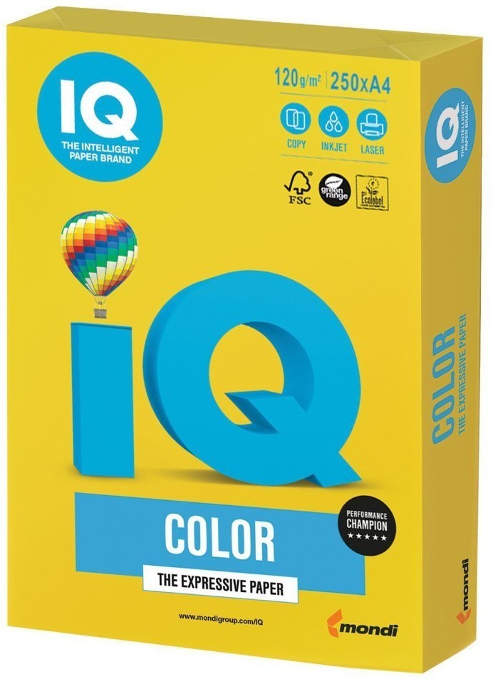 Бумага цветная для принтера IQ Сolor, А4, 120 г/м2, 250 листов, ярко-желтая, IG50 (72879)