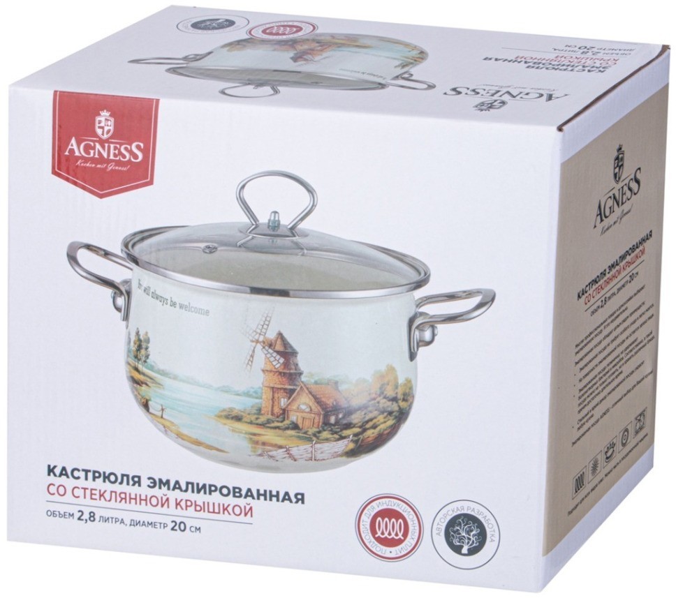 Кастрюля agness эмалированная со стеклянной крышкой серия "family house", 2,8 л диа. 20см (943-067)