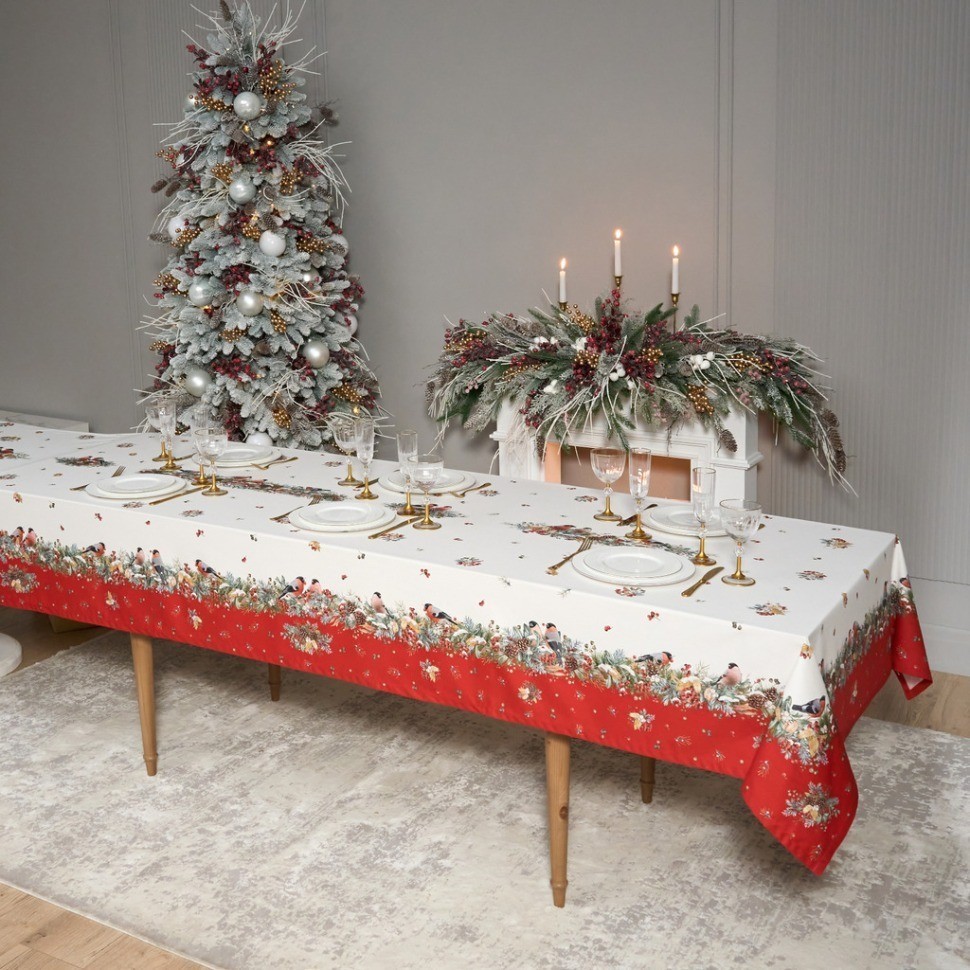 Скатерть "морозко.снегири" 140х400см ,красный, 100% хлопок,твил пропитка Lefard (850-745-26)
