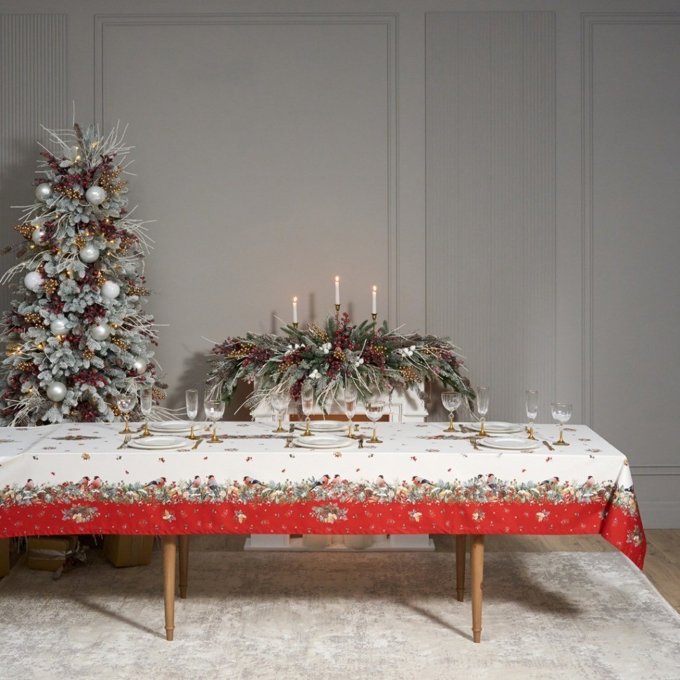 Скатерть "морозко.снегири" 140х400см ,красный, 100% хлопок,твил пропитка Lefard (850-745-26)