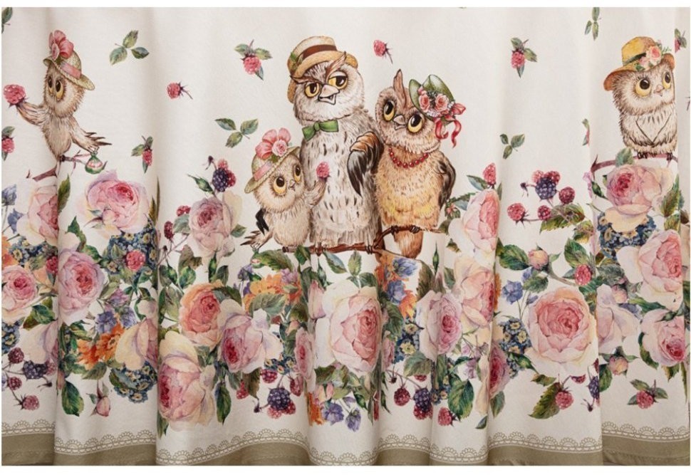 Скатерть круглая "винтаж. совушки" d185см ,беж, 100% хлопок,твил SANTALINO (850-727-24)