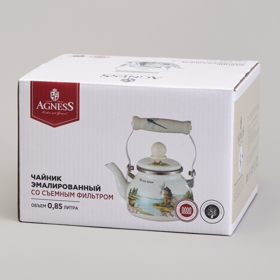 Чайник agness эмалированный со съемным фильтром из нжс серия "lavender cats", 0,85 л (943-070)