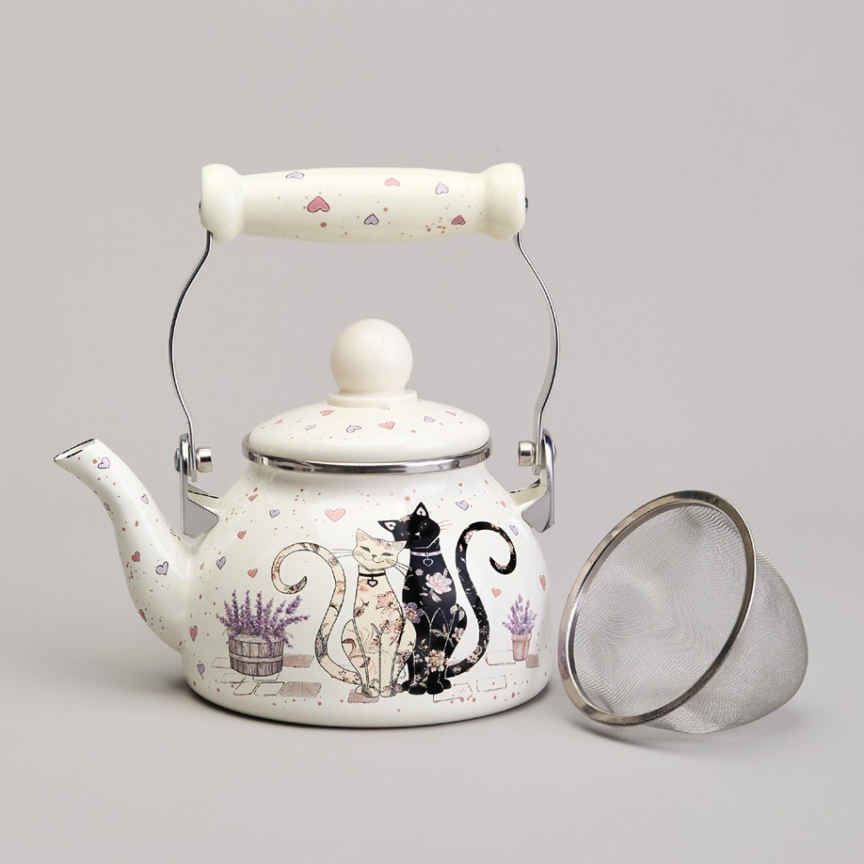 Чайник agness эмалированный со съемным фильтром из нжс серия "lavender cats", 0,85 л (943-070)