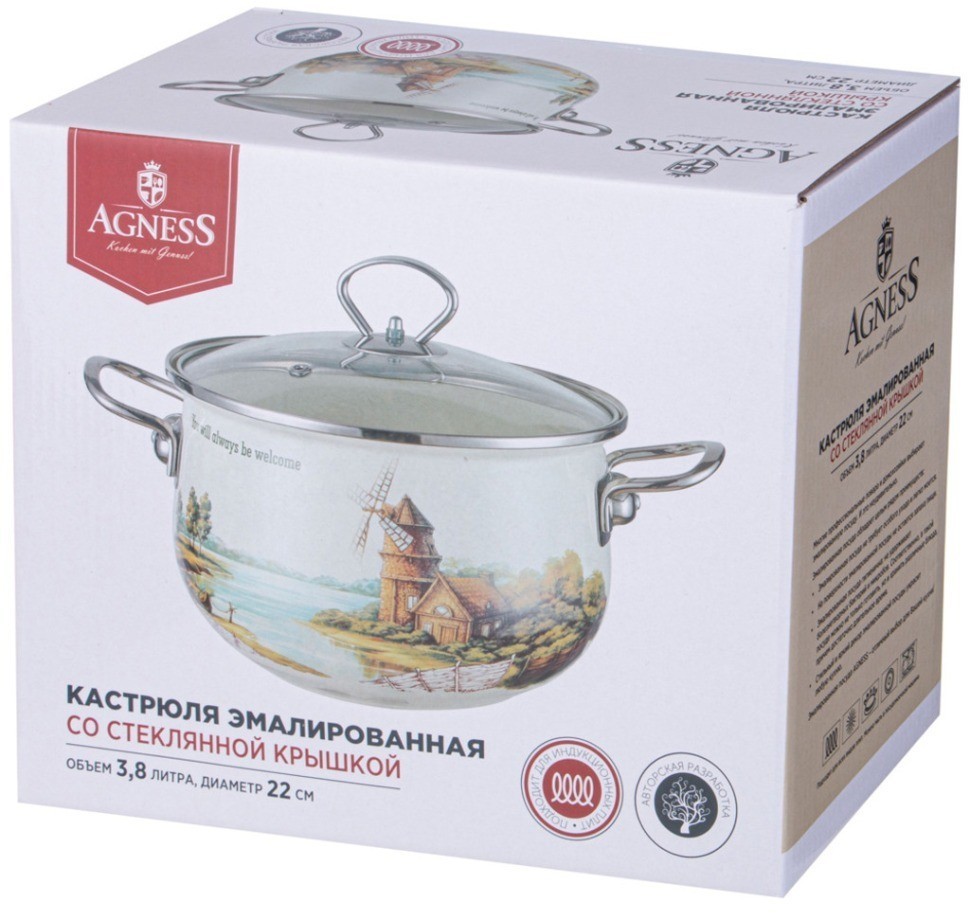 Кастрюля agness эмалированная со стеклянной крышкой серия "family house", 3,8 л диа. 22см (943-068)