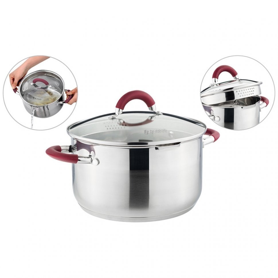 Кастрюля agness "profi home" со стеклянной крышкой, 5,0л 24x13.5 см цвет ручек:бордо (914-208)