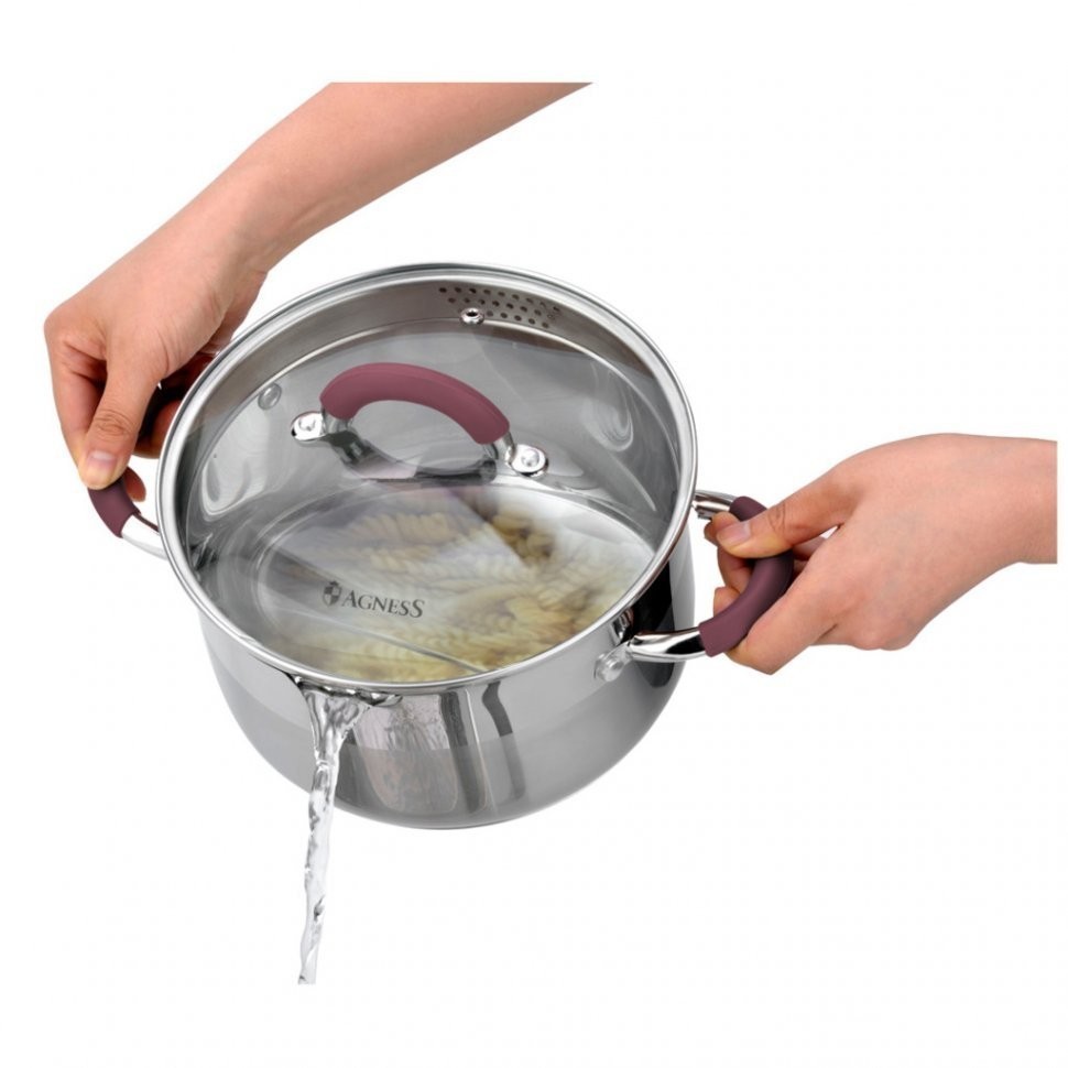 Кастрюля agness "profi home" со стеклянной крышкой, 5,0л 24x13.5 см цвет ручек:бордо (914-208)