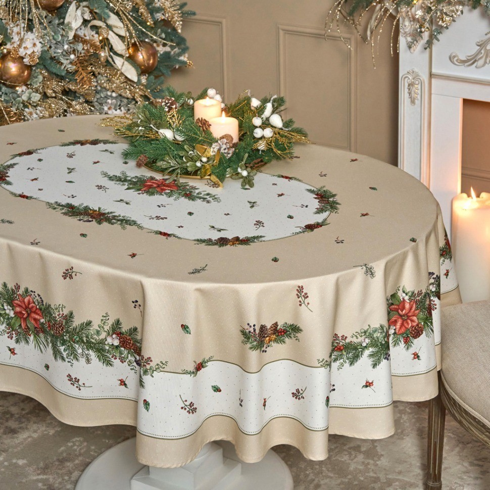 Скатерть овальная "celebration"140х180см ,бежевый, 100% хлопок,твил, пропитка Lefard (850-734-4)