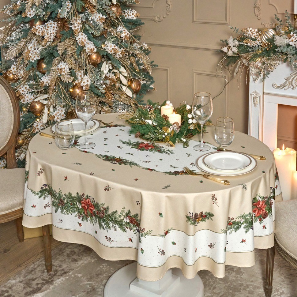 Скатерть овальная "celebration"140х180см ,бежевый, 100% хлопок,твил, пропитка Lefard (850-734-4)