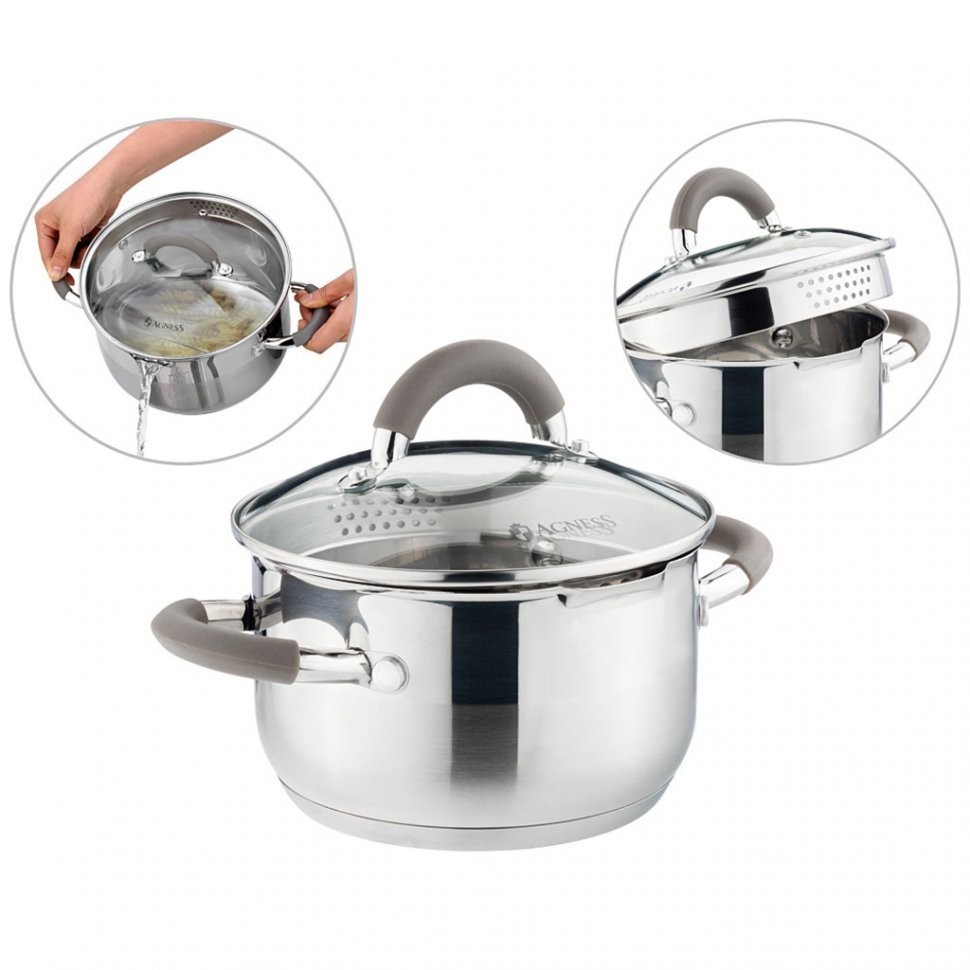 Кастрюля agness "profi home" со стеклянной крышкой, 1,5л 16x9.5 см цвет ручек:кофейный (914-210)