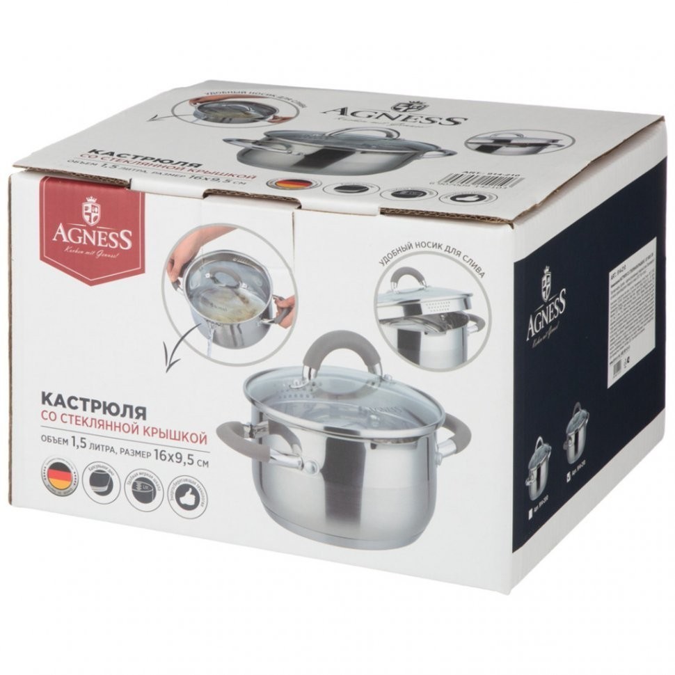 Кастрюля agness "profi home" со стеклянной крышкой, 1,5л 16x9.5 см цвет ручек:кофейный (914-210)